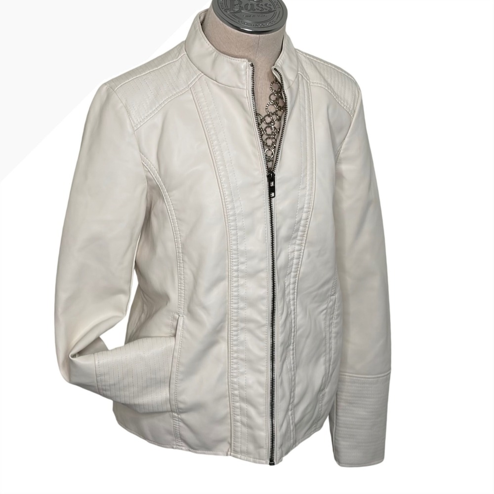 ANA A New Approach Faux Leather Motorcycle Jacket Cream Moto Biker Womens M
